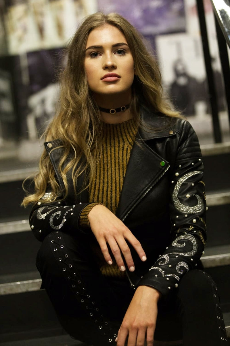 Embellished Pearl Arm Faux Leather Look Biker Jacket Urban Mist UK