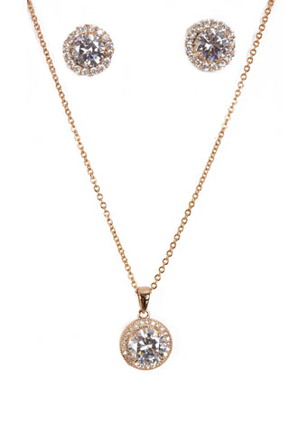Round Cubic Zirconia Necklace & Earring Sets in Rose Gold