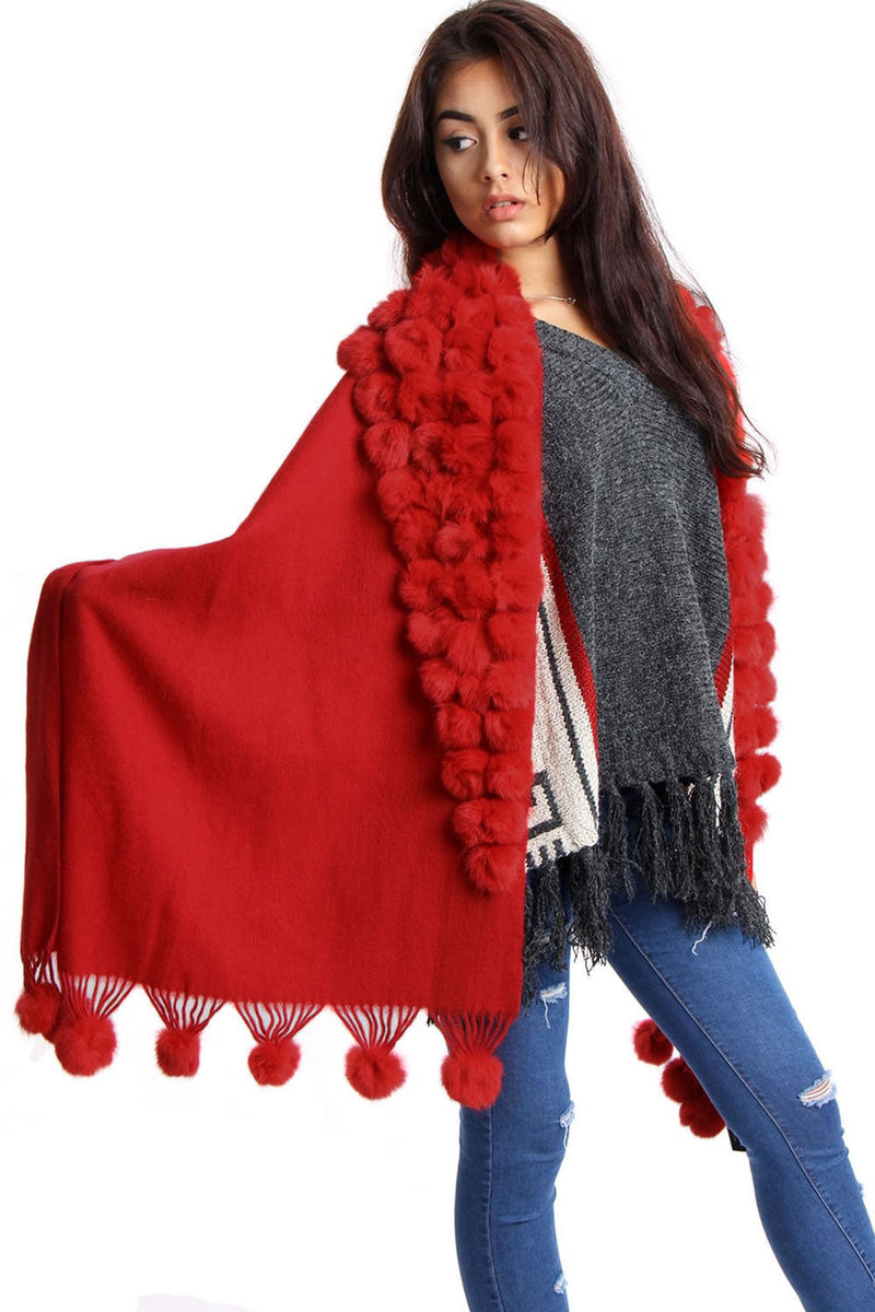 Cashmere Wool Shawl With Multiple Fur Pom Poms – Urban Mist UK