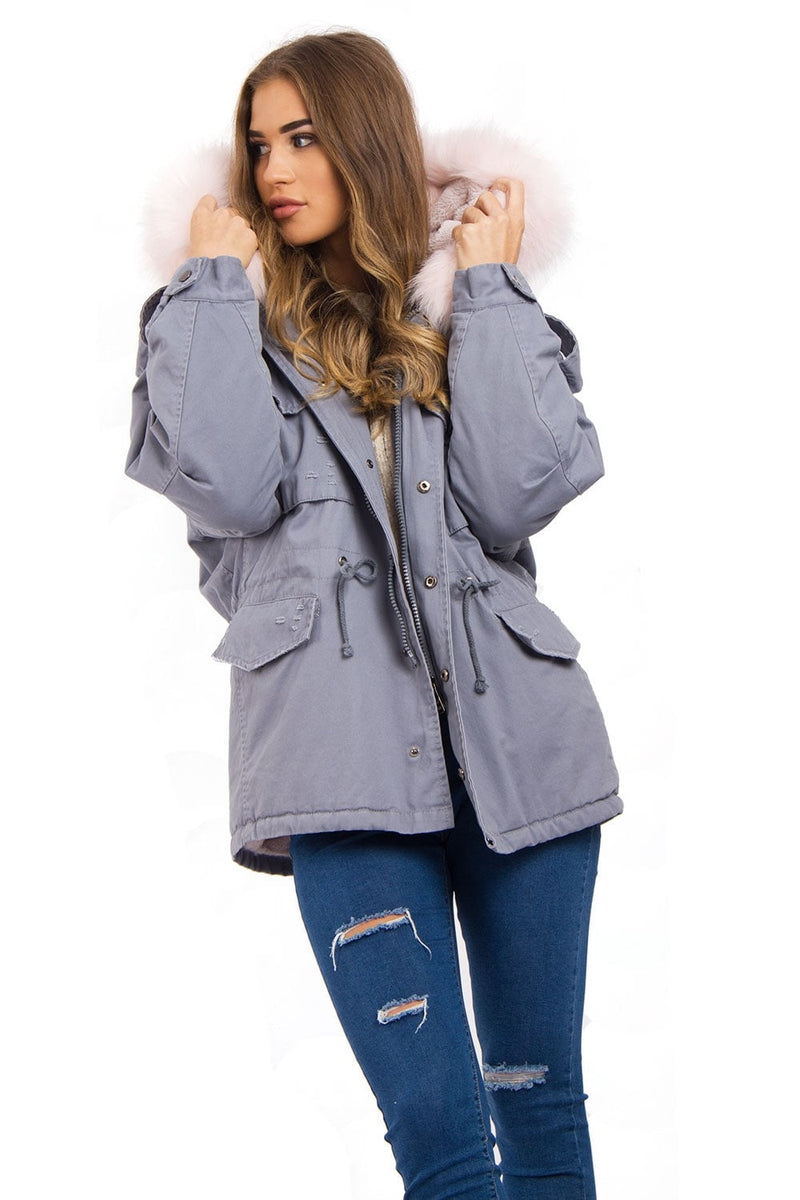 Oversized Faux Fur Trim Fleece Hooded Parka Jacket Coat Urban Mist UK