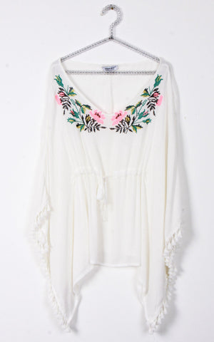 Floral Embroidery Belt Tassel Trim Kaftan Top in white