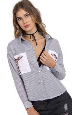 Black Pin Stripe Floral Embroidered Pocket Button Up Blouse