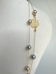Double Chain Faux Pearl Necklace With Floral Element
