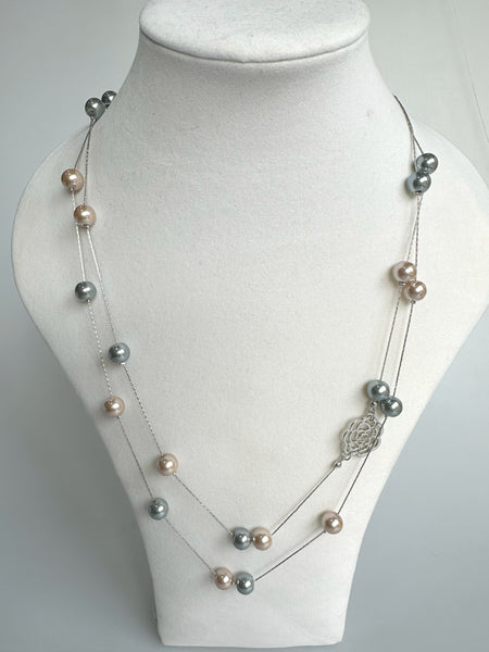 Double Chain Faux Pearl Necklace With Floral Element