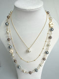 Triple Chain Faux Pearl Necklace With Love Writing And Floral Element