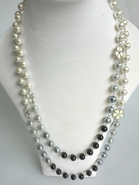 Double Chain Faux Pearl Necklace With Floral Element