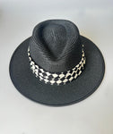 Paper Summer Sun Hat With Black And White Check Pattern Fabric Ring And Metal Pin