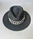 Paper Summer Sun Hat With Black And White Check Pattern Fabric Ring And Metal Pin