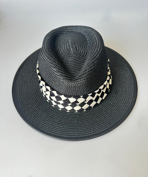 Paper Summer Sun Hat With Black And White Check Pattern Fabric Ring And Metal Pin