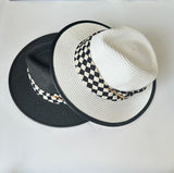 Paper Summer Sun Hat With Black And White Check Pattern Fabric Ring And Metal Pin