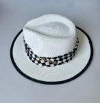 Paper Summer Sun Hat With Black And White Check Pattern Fabric Ring And Metal Pin