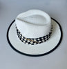 Paper Summer Sun Hat With Black And White Check Pattern Fabric Ring And Metal Pin