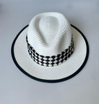 Paper Summer Sun Hat With Black And White Check Pattern Fabric Ring And Metal Pin