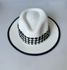 Paper Summer Sun Hat With Black And White Check Pattern Fabric Ring And Metal Pin