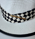 Paper Summer Sun Hat With Black And White Check Pattern Fabric Ring And Metal Pin