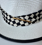 Paper Summer Sun Hat With Black And White Check Pattern Fabric Ring And Metal Pin