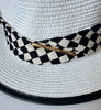 Paper Summer Sun Hat With Black And White Check Pattern Fabric Ring And Metal Pin
