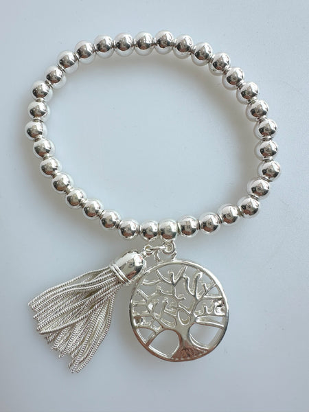 Beaded Silvery Alloy Bracelet With Dangling Tree Of Life And Tassel