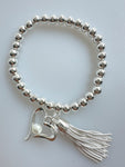 Beaded Silvery Alloy Bracelet With Dangling Heart And Tassel