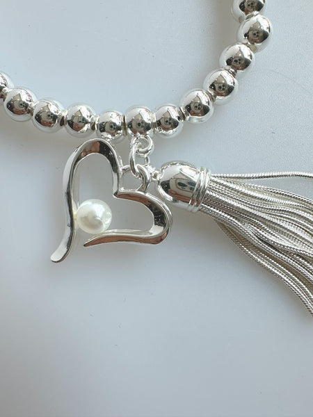 Beaded Silvery Alloy Bracelet With Dangling Heart And Tassel