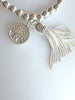 Beaded Silvery Alloy Bracelet With Dangling Tree Of Life And Tassel