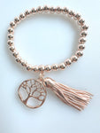 Beaded Silvery Alloy Bracelet With Dangling Tree Of Life And Tassel