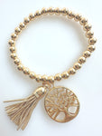 Beaded Silvery Alloy Bracelet With Dangling Tree Of Life And Tassel