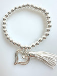 Beaded Silvery Alloy Bracelet With Dangling Heart And Tassel