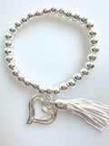 Beaded Silvery Alloy Bracelet With Dangling Heart And Tassel