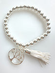 Beaded Silvery Alloy Bracelet With Dangling Tree Of Life And Tassel