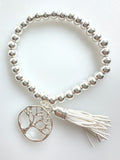 Beaded Silvery Alloy Bracelet With Dangling Tree Of Life And Tassel