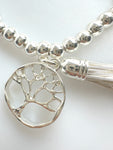 Beaded Silvery Alloy Bracelet With Dangling Tree Of Life And Tassel