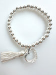 Beaded Silvery Alloy Bracelet With Dangling Heart And Tassel