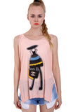 Fashion Illustration Print Sleeveless Knitted Top With Side Split in Pink