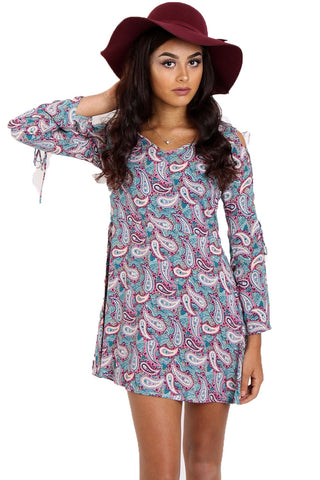 V-neck Skater Dress with Lace Up Detail Sleeves In Paisley Print