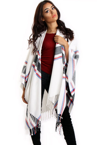 White with Blue / Red Grid Lines Tartan Check Blanket Cape with Tassels