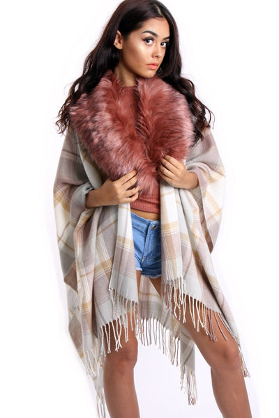 Nude Pink Tartan Check Blanket Cape with Tassels