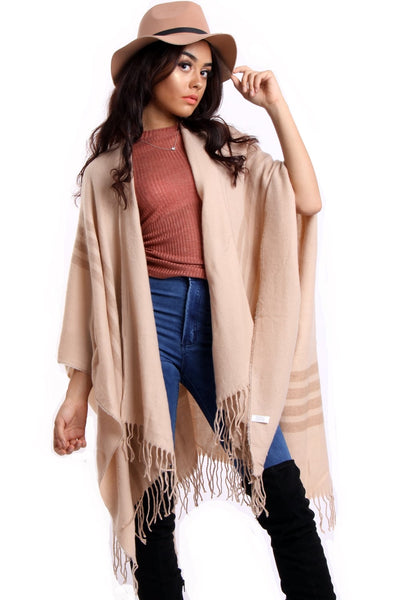 Light Beige Striped Blanket Cape with Tassels