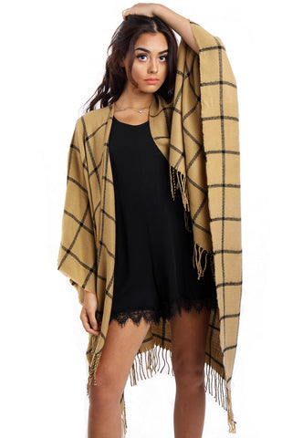 Camel Grid Check Blanket Cape with Tassels