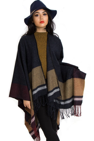 Navy and Mustard Stripe Blanket Cape With Fringe