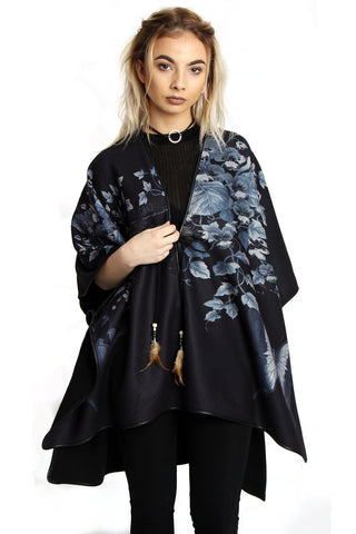 Butterfly Flower Print Feather Tassel Poncho