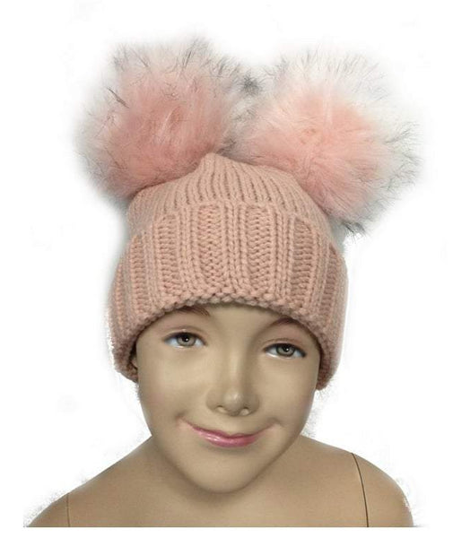 Blush Pink Kid Detachable Double FauxFur Pom Pom Beanie Hat