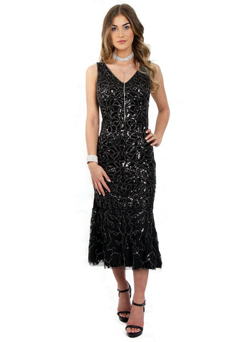 Floral Sequin Fishtail Midi Prom Evening Dress