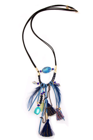 Turquoise Pebble Long Necklace with Feather Detail