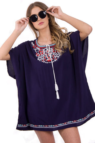 Floral Embroidered Loose Kaftan Top With Tie Front