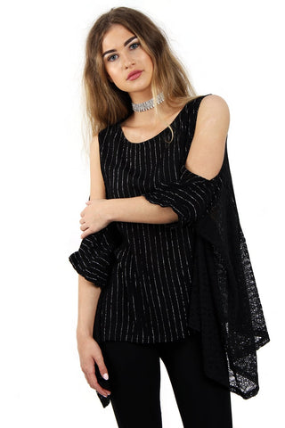 Pin Stripe Oversized Cold Shoulder Lace Insert Top