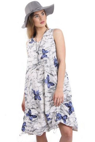 Blue Butterfly Print Drawstring Oversized Dress