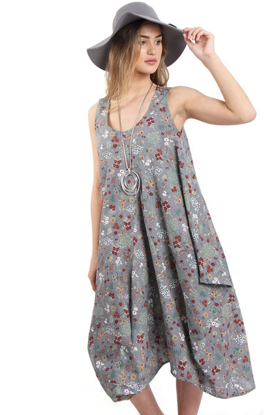 Grey Flower Print Drawstring Oversized Dress