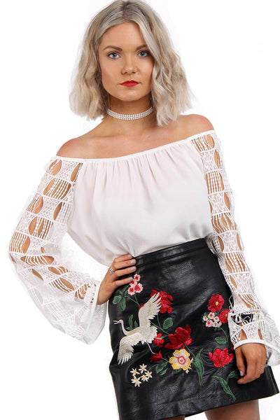 Off Shoulder With Crochet Lace Detail Bell Sleeves