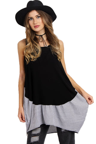 Black Floaty Sleeveless Top with Pin Stripe Hem